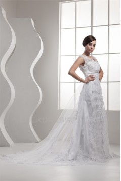 A-Line Satin Fine Netting Beaded Lace Sleeveless Straps Wedding Dresses 2030841