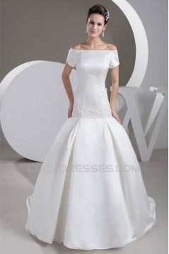 Satin Square Sleeveless A-Line Beaded Off-the-Shoulder Wedding Dresses 2030853