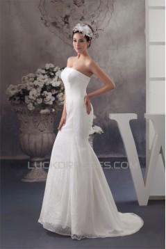 Satin Lace Strapless Mermaid/Trumpet Sleeveless Wedding Dresses 2030854