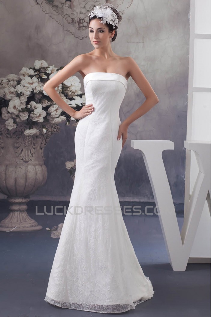 Satin Lace Strapless Mermaid/Trumpet Sleeveless Wedding Dresses 2030854