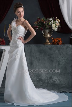 Sheath/Column One-Shoulder Satin Organza Beautiful Beaded Lace Wedding Dresses 2030872