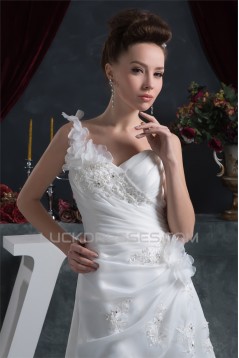 Sheath/Column One-Shoulder Satin Organza Beautiful Beaded Lace Wedding Dresses 2030872