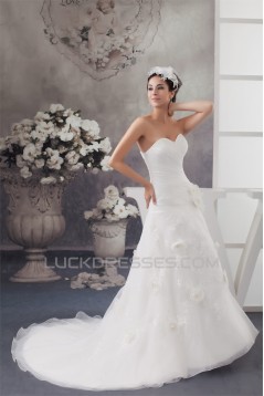 Satin Sleeveless Sweetheart A-Line Lace Wedding Dresses 2030875