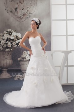 Satin Sleeveless Sweetheart A-Line Lace Wedding Dresses 2030875