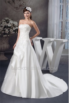 A-Line Sleeveless Satin Strapless Lace Wedding Dresses 2030879