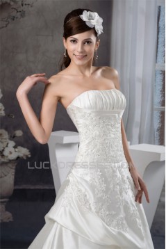 A-Line Sleeveless Satin Strapless Lace Wedding Dresses 2030879