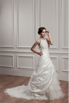 Satin Taffeta Halter A-Line Sleeveless Beaded Lace Wedding Dresses 2030886