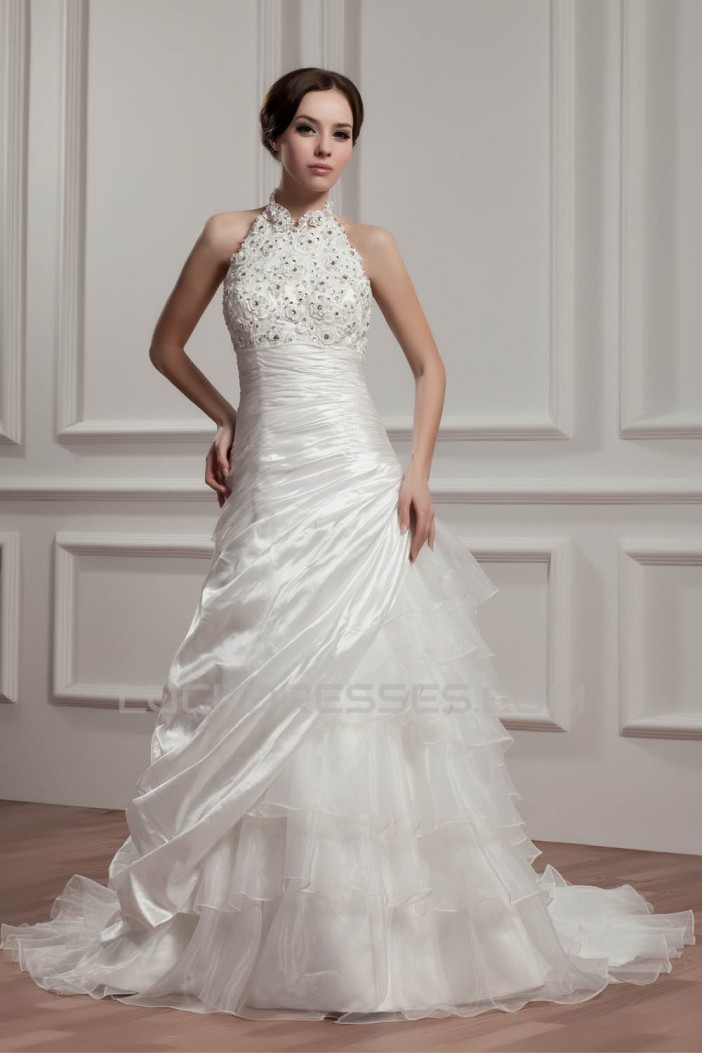 Satin Taffeta Halter A-Line Sleeveless Beaded Lace Wedding Dresses 2030886