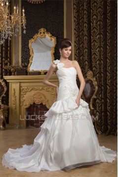 Satin Taffeta Sleeveless A-Line One-Shoulder Sweet Wedding Dresses 2030888