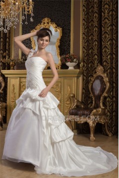 Satin Taffeta Sleeveless A-Line One-Shoulder Sweet Wedding Dresses 2030888