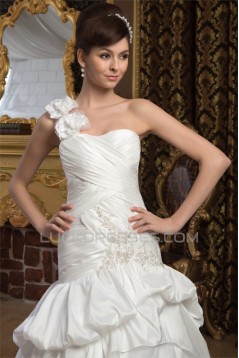 Satin Taffeta Sleeveless A-Line One-Shoulder Sweet Wedding Dresses 2030888