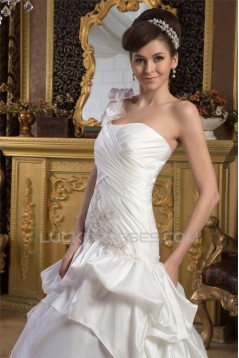 Satin Taffeta Sleeveless A-Line One-Shoulder Sweet Wedding Dresses 2030888