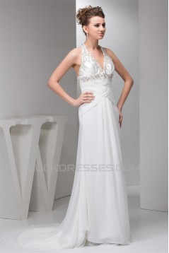 Sheath/Column Sleeveless Chiffon Halter Beaded Wedding Dresses 2030900