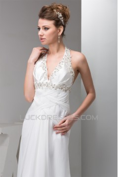 Sheath/Column Sleeveless Chiffon Halter Beaded Wedding Dresses 2030900