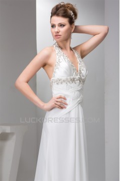 Sheath/Column Sleeveless Chiffon Halter Beaded Wedding Dresses 2030900