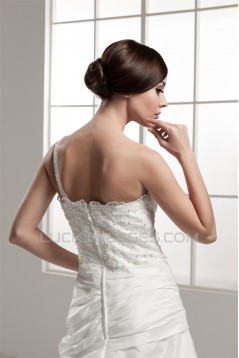 A-Line One-Shoulder Sleeveless Satin Taffeta Lace Wedding Dresses 2030906