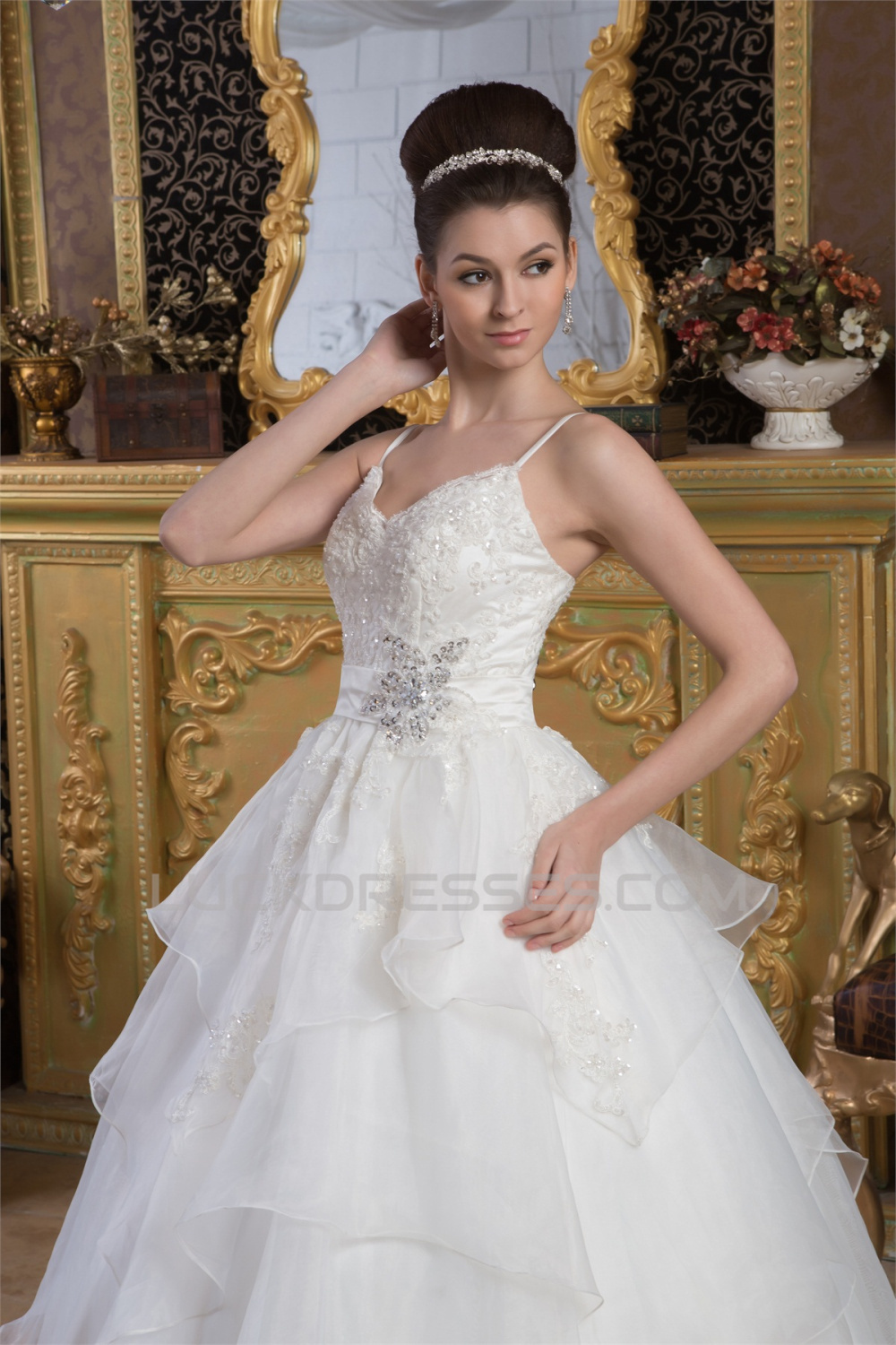 A-Line Spaghetti Straps Beaded Lace Floor-Length Wedding Dress