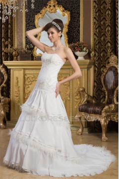 A-Line Strapless Chiffon Satin Feathers Most Beautiful Wedding Dresses 2030919