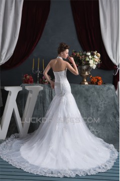 Sleeveless Halter Mermaid/Trumpet Satin Organza Lace Wedding Dresses 2030923