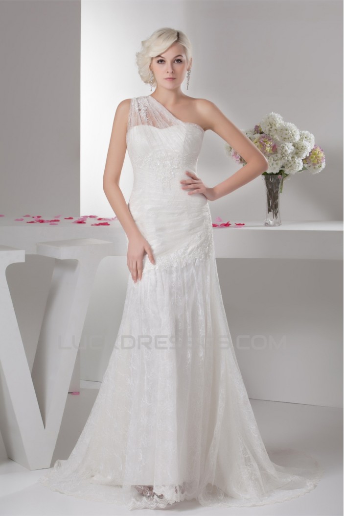 A-Line Sleeveless One-Shoulder Lace Wedding Dresses 2030930