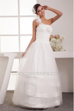 A-Line One-Shoulder Taffeta Netting Floor-Length Wedding Dresses 2030931