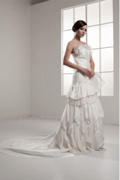 A-Line Strapless Chapel Train Sleeveless Satin Lace Wedding Dresses 2030934