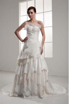 A-Line Strapless Chapel Train Sleeveless Satin Lace Wedding Dresses 2030934