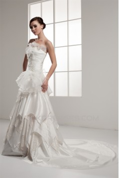 A-Line Strapless Chapel Train Sleeveless Satin Lace Wedding Dresses 2030934