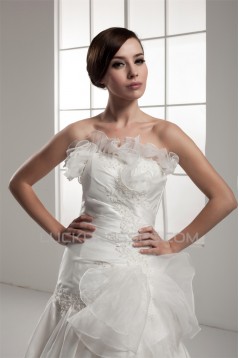 A-Line Strapless Chapel Train Sleeveless Satin Lace Wedding Dresses 2030934