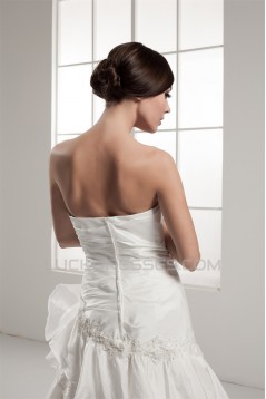 A-Line Strapless Chapel Train Sleeveless Satin Lace Wedding Dresses 2030934