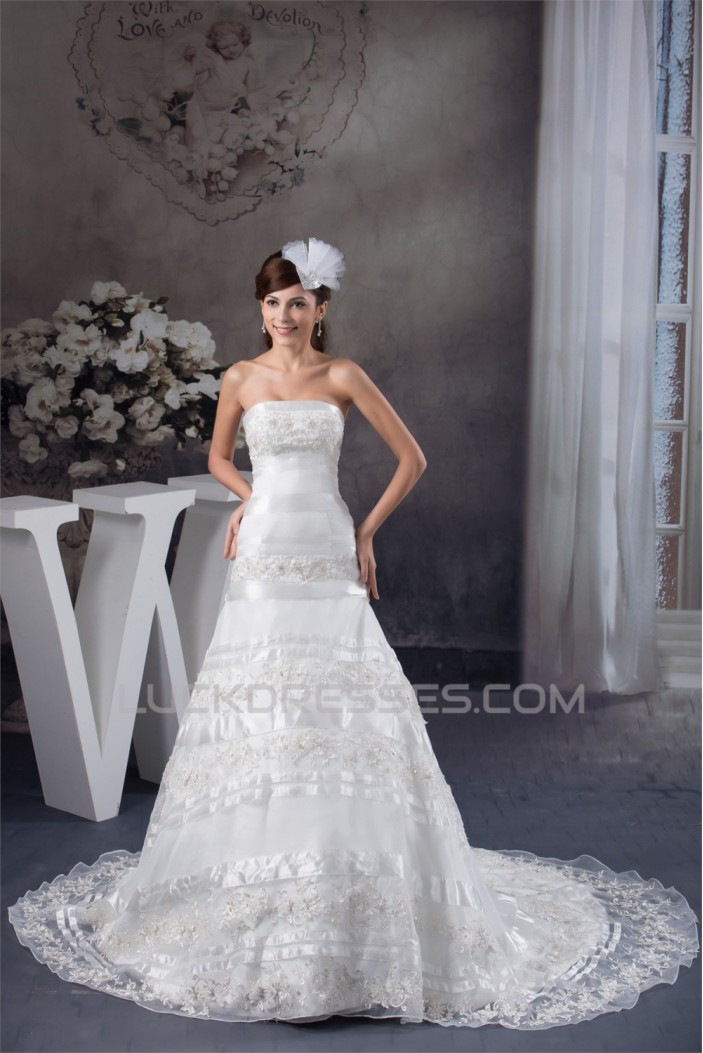 Sleeveless Satin Lace A-Line Strapless Beautiful Wedding Dresses 2030937