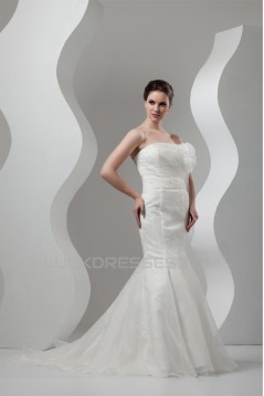 Sleeveless Satin Lace Organza Mermaid/Trumpet Beaded Wedding Dresses 2030940