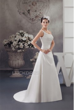 Sleeveless Satin One-Shoulder A-Line Beaded Wedding Dresses 2030941