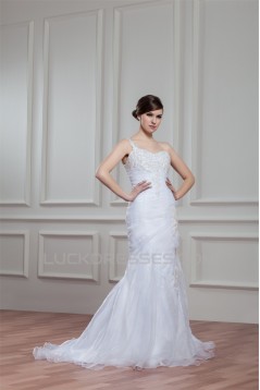 Sleeveless Satin Organza Mermaid/Trumpet Beaded Wedding Dresses 2030942