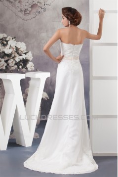 Sheath/Column Strapless Sweep Train Beaded Lace Wedding Dresses 2030950