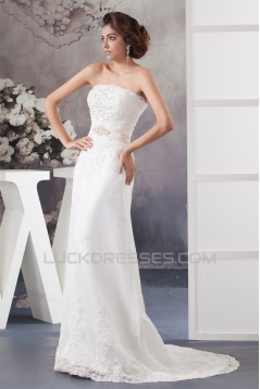 Sheath/Column Strapless Sweep Train Beaded Lace Wedding Dresses 2030950