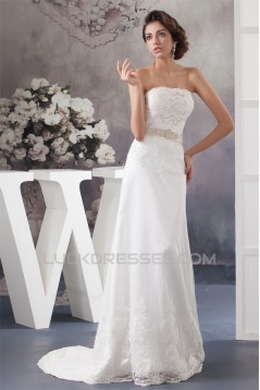 Sheath/Column Strapless Sweep Train Beaded Lace Wedding Dresses 2030950