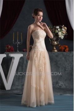 A-Line Sleeveless Strapless Satin Fine Netting Lace Floor-Length Wedding Dresses 2030961