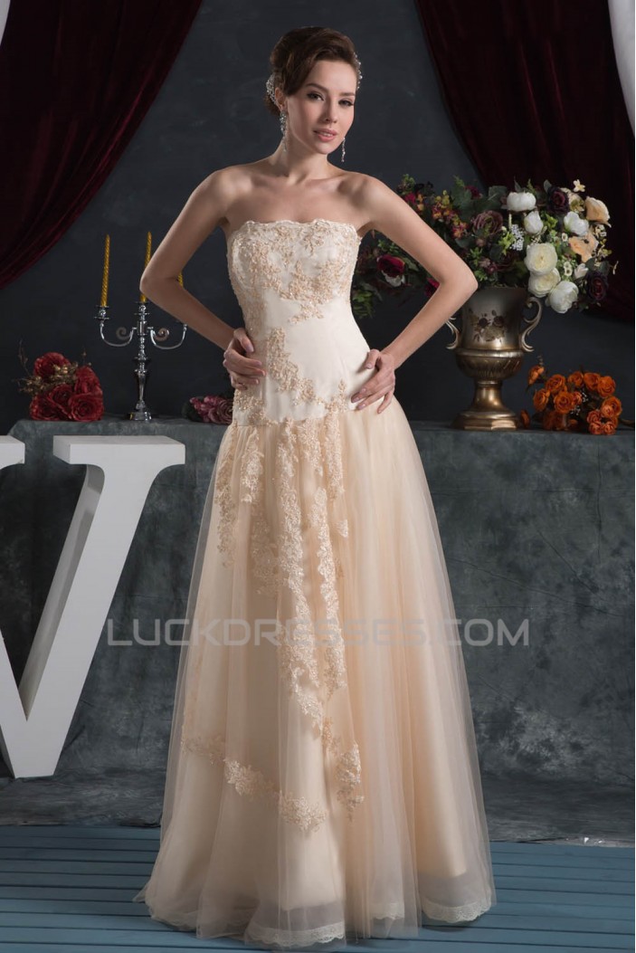 A-Line Sleeveless Strapless Satin Fine Netting Lace Floor-Length Wedding Dresses 2030961