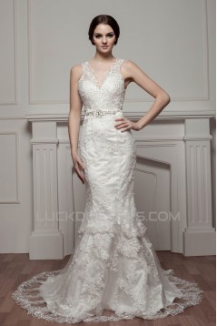 Trumpet/Mermaid V-Neck Beaded Lace Wedding Dresses 2030962