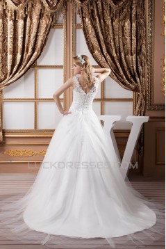 Elegant Sleeveless Straps A-Line Satin Fine Netting Lace Wedding Dresses 2030970