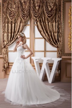 Elegant Sleeveless Straps A-Line Satin Fine Netting Lace Wedding Dresses 2030970