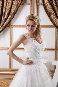 Elegant Sleeveless Straps A-Line Satin Fine Netting Lace Wedding Dresses 2030970