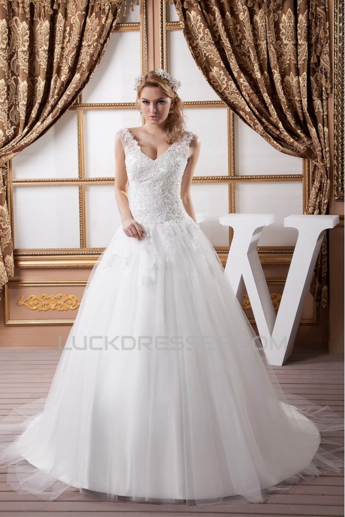 Elegant Sleeveless Straps A-Line Satin Fine Netting Lace Wedding Dresses 2030970