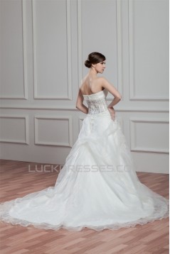 A-Line Satin Lace Beautiful Sleeveless Strapless Wedding Dresses 2030973