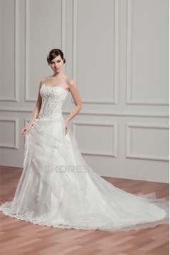 A-Line Satin Lace Beautiful Sleeveless Strapless Wedding Dresses 2030973