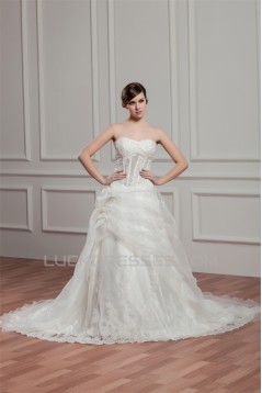 A-Line Satin Lace Beautiful Sleeveless Strapless Wedding Dresses 2030973