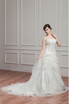 A-Line Satin Lace Beautiful Sleeveless Strapless Wedding Dresses 2030973