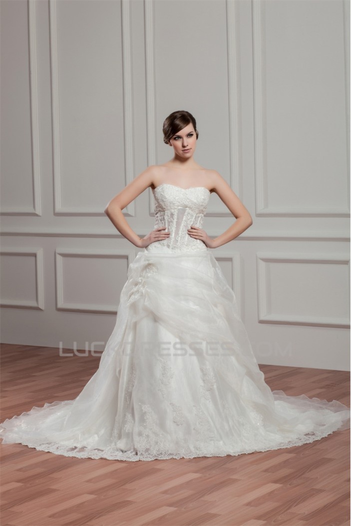 A-Line Satin Lace Beautiful Sleeveless Strapless Wedding Dresses 2030973