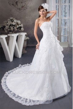 A-Line Strapless Satin Lace Wedding Dresses 2030979